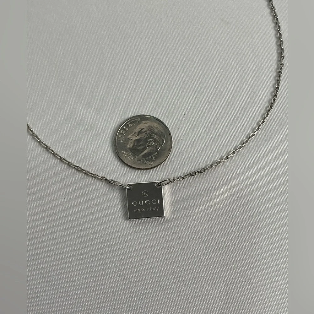 Authentic Gucci Square Plate Tag Pendant 925 Silver Necklace Signature Clasp - Picture 13 of 14